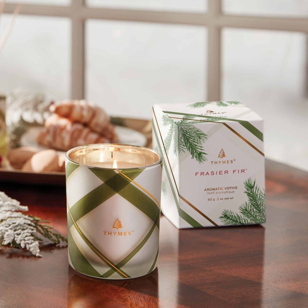Thymes Frasier Fir Frosted Plaid Votive Candle Lit image number 1